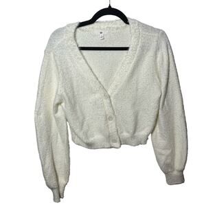BP White Fuzzy Eyelash Cropped Cardigan Sweater Size Small